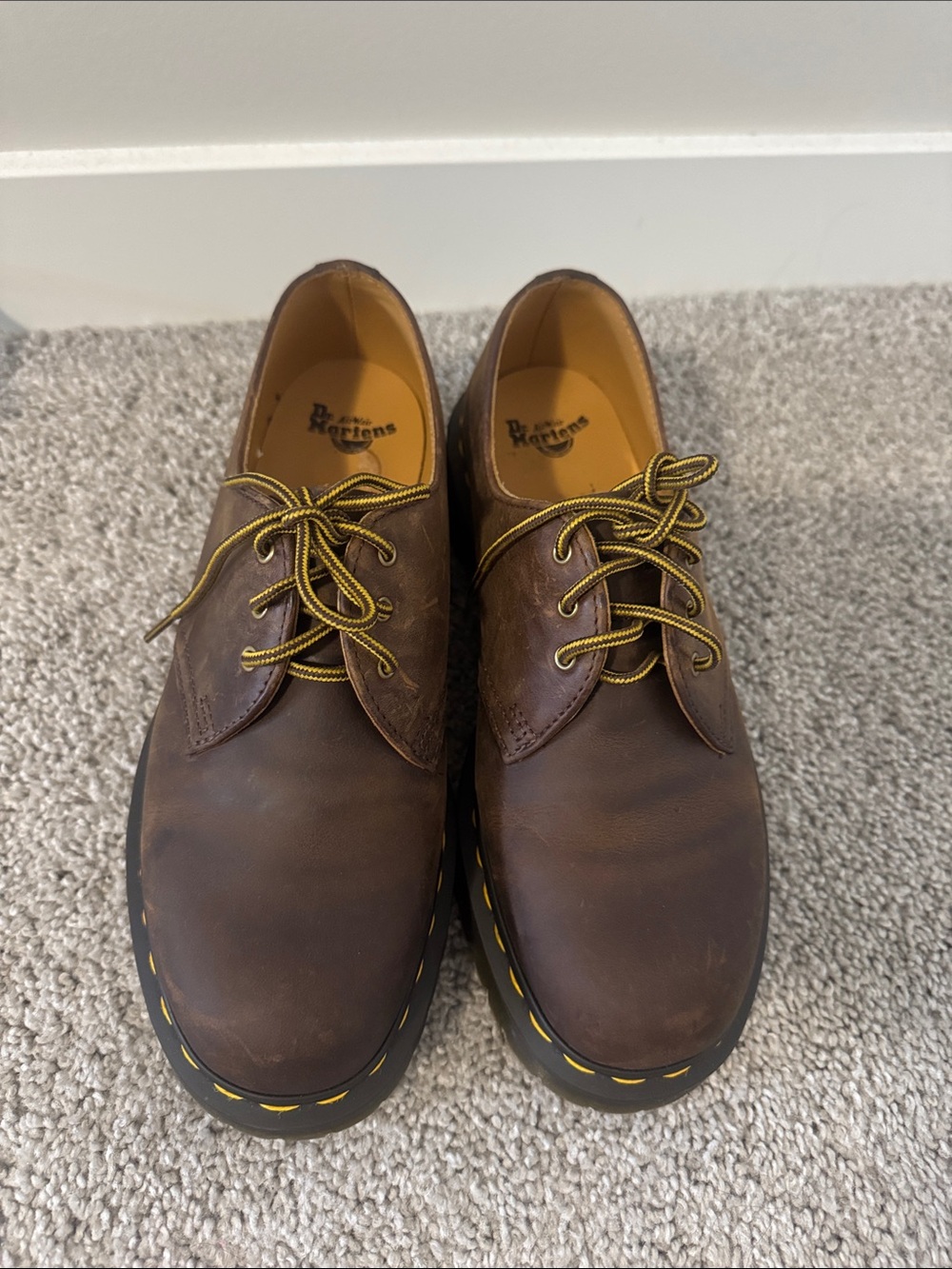 Dr. Martens Brown Leather Boots with Yellow Contrast Laces